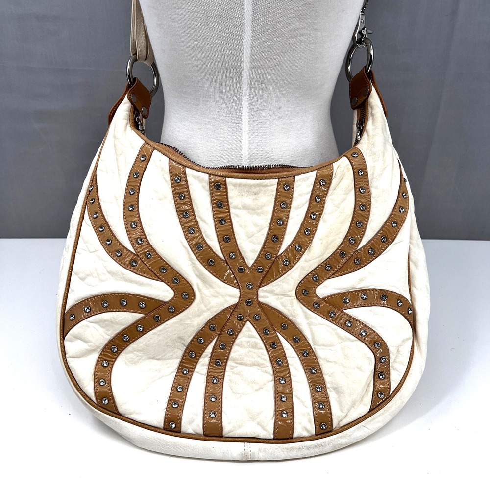 Charm‎ and Luck Studded Leather Hobo Crossbody Shoulder Bag Rhinestones Y2K VTG